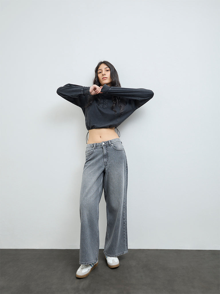 Nuon Grey Faded High-Rise Cotton Jeans