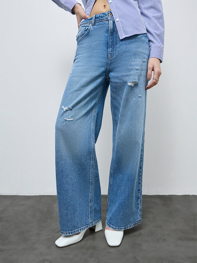 Nuon Blue Distressed High-Rise Denim Jeans