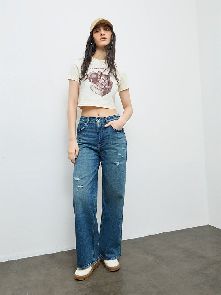 Nuon Dark Blue Distressed High-Rise Jeans