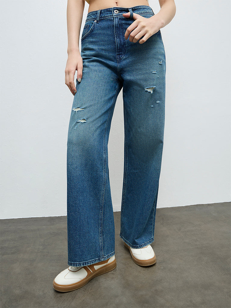 Nuon Dark Blue Distressed High-Rise Jeans