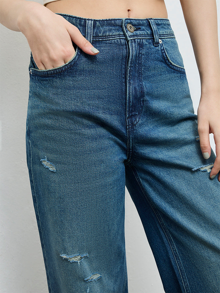 Nuon Dark Blue Distressed High-Rise Jeans