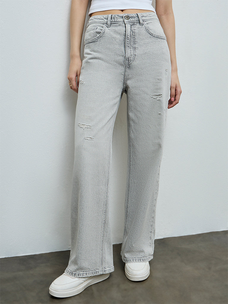 Nuon Grey Distressed High-Rise Jeans