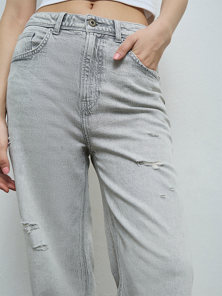 Nuon Grey Distressed High-Rise Jeans