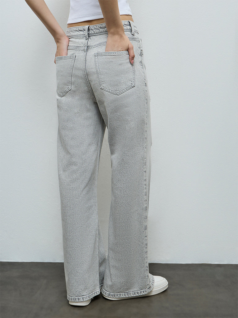 Nuon Grey Distressed High-Rise Jeans