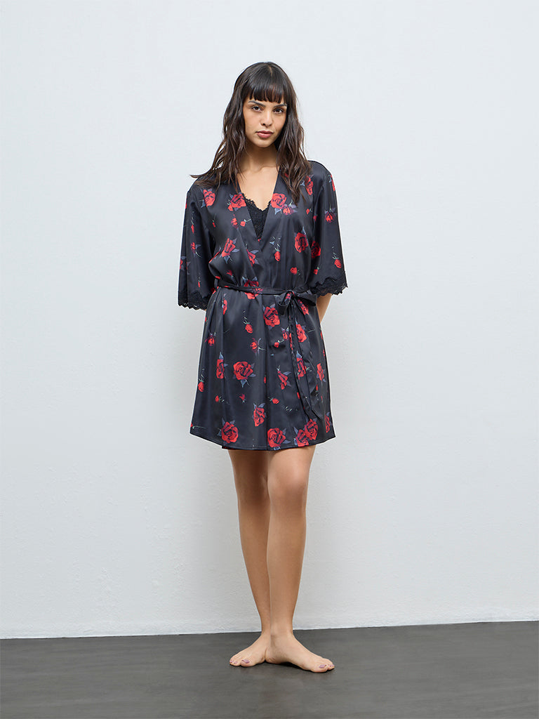 Wunderlove Black Floral Robe with Belt