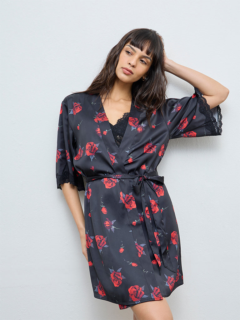 Wunderlove Black Floral Robe with Belt