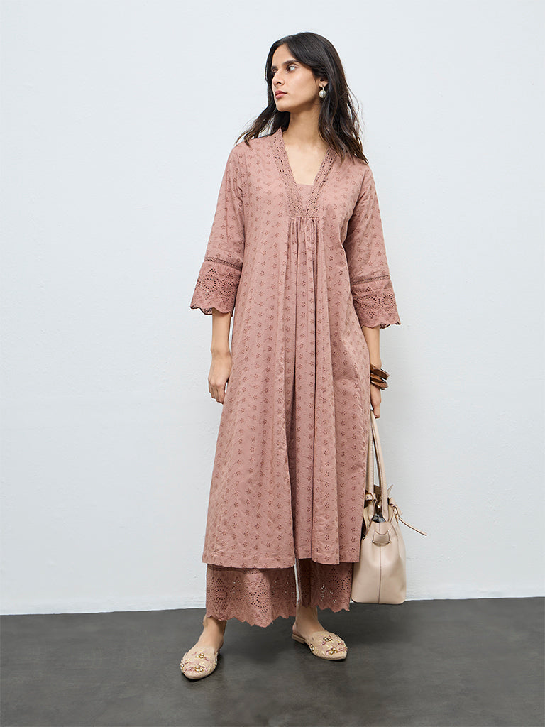 Zuba Brown Schiffli Embroidered Anarkali Kurta