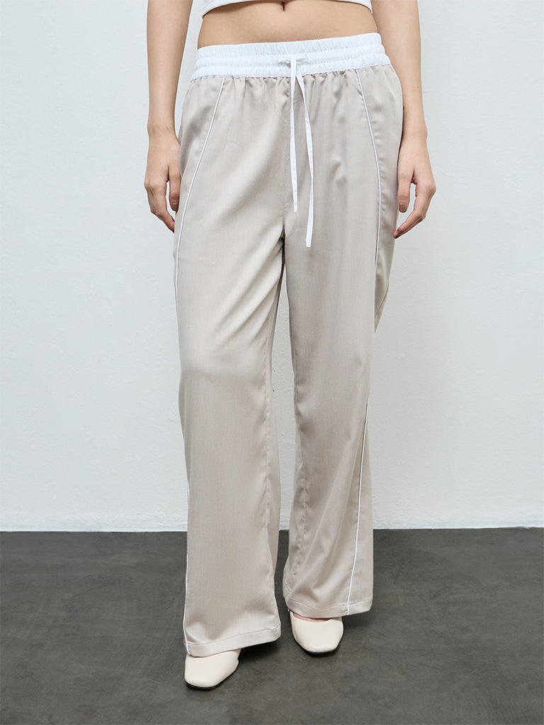 Nuon Beige Solid High-Rise Trousers