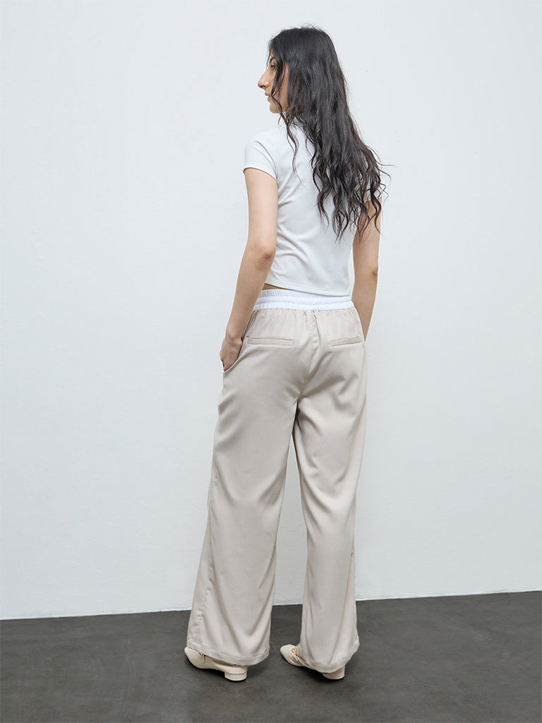 Nuon Beige Solid High-Rise Trousers