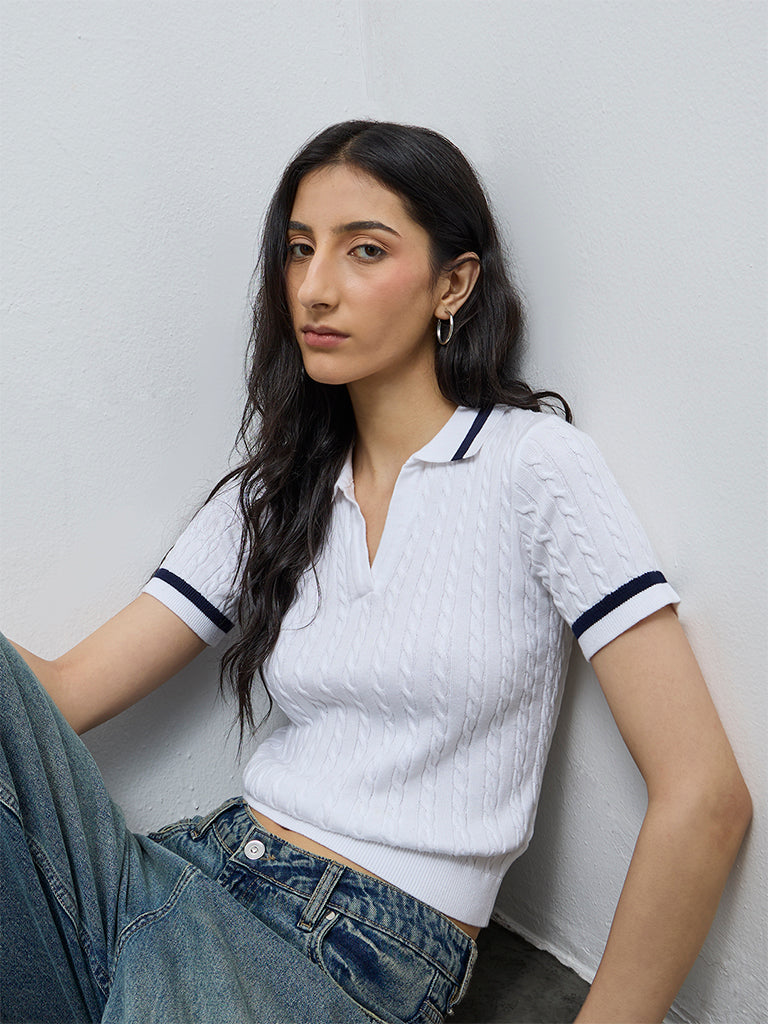 Nuon White Cable-Knit Textured T-Shirt