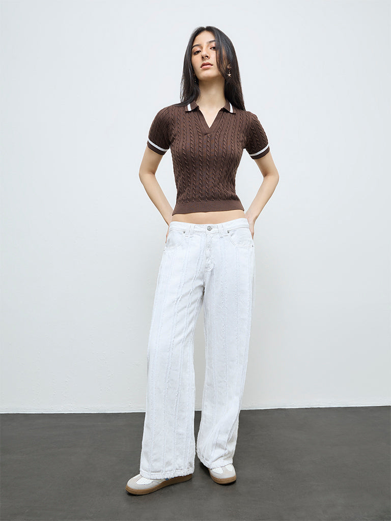 Nuon Dark Brown Cable-Knit Textured T-Shirt