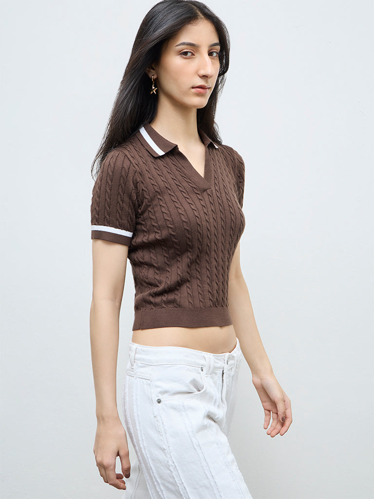 Nuon Dark Brown Cable-Knit Textured T-Shirt