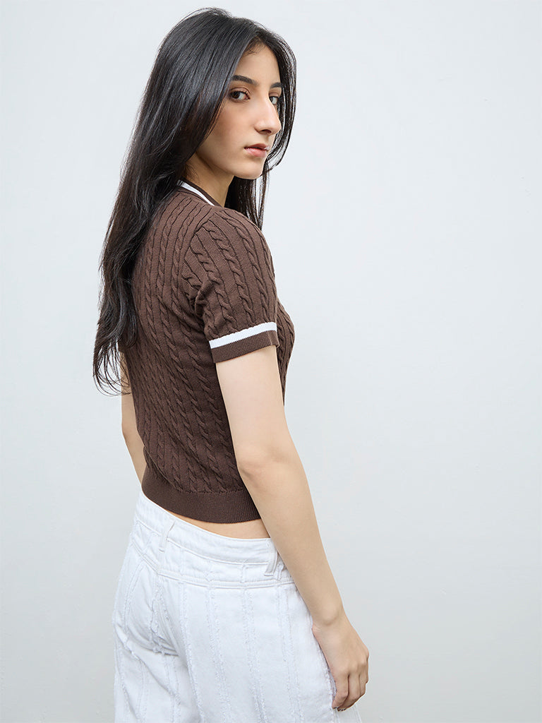 Nuon Dark Brown Cable-Knit Textured T-Shirt