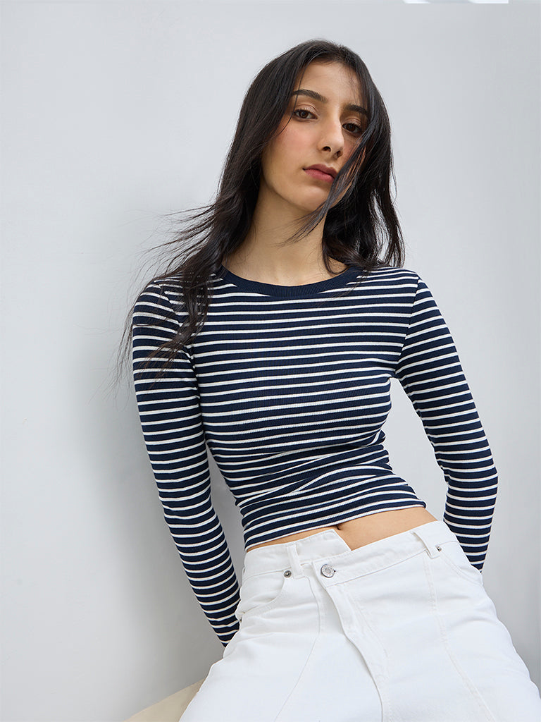 Nuon Navy Striped Pattern Cotton-Blend Top