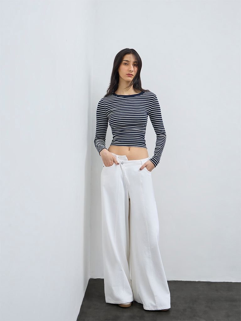 Nuon Navy Striped Pattern Cotton-Blend Top