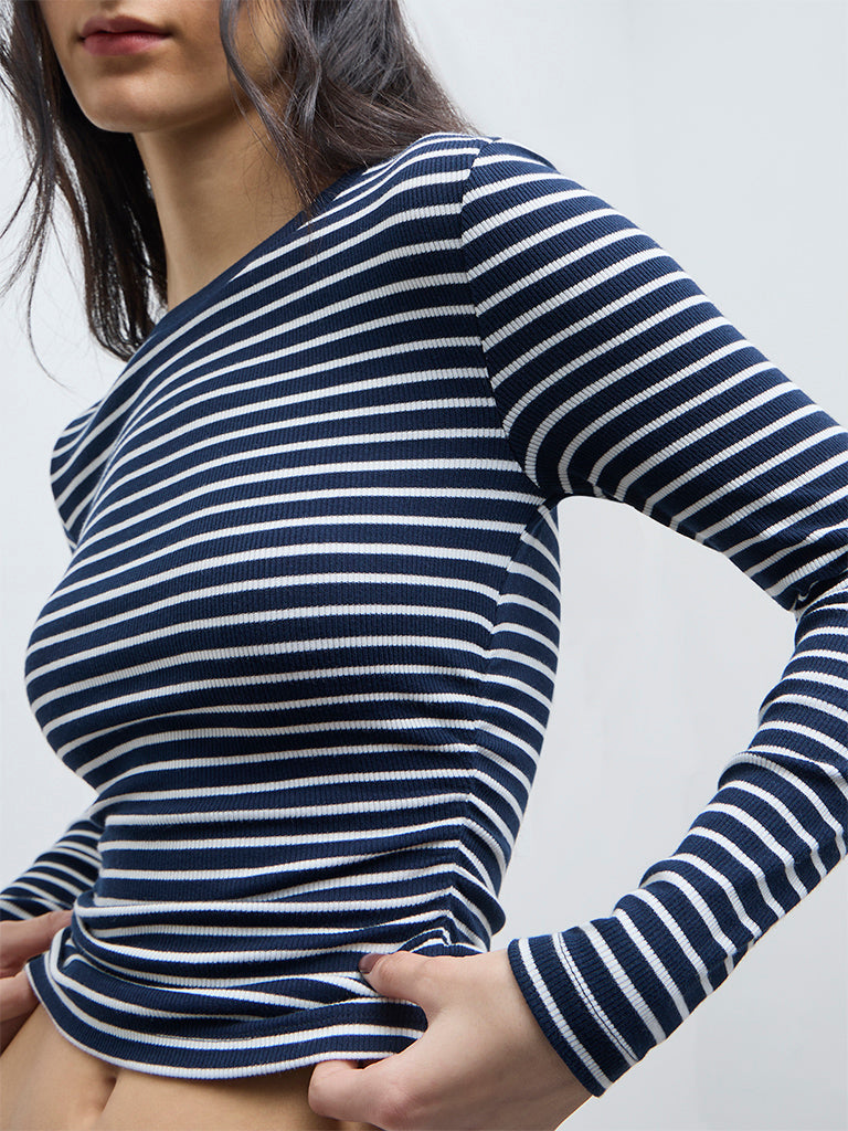 Nuon Navy Striped Pattern Cotton-Blend Top