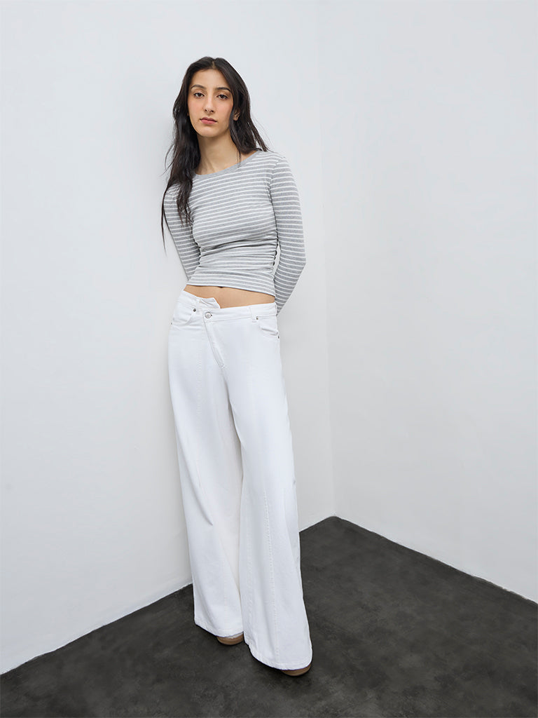 Nuon Grey Striped Pattern Cotton-Blend Top