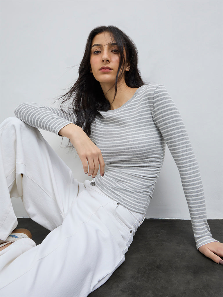 Nuon Grey Striped Pattern Cotton-Blend Top