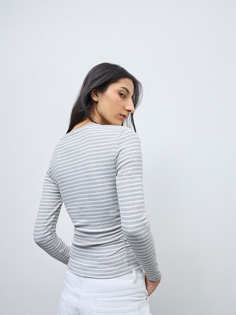 Nuon Grey Striped Pattern Cotton-Blend Top