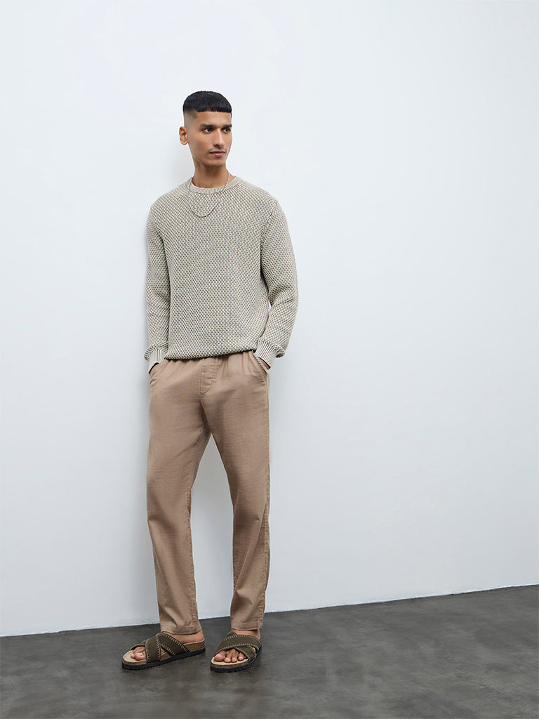 ETA Taupe Knitted-Textured Relaxed-Fit Cotton Sweater
