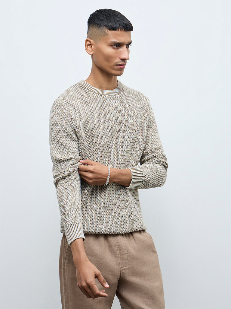 ETA Taupe Knitted-Textured Relaxed-Fit Cotton Sweater