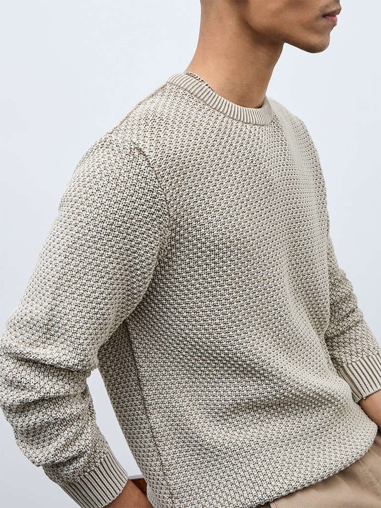 ETA Taupe Knitted-Textured Relaxed-Fit Cotton Sweater