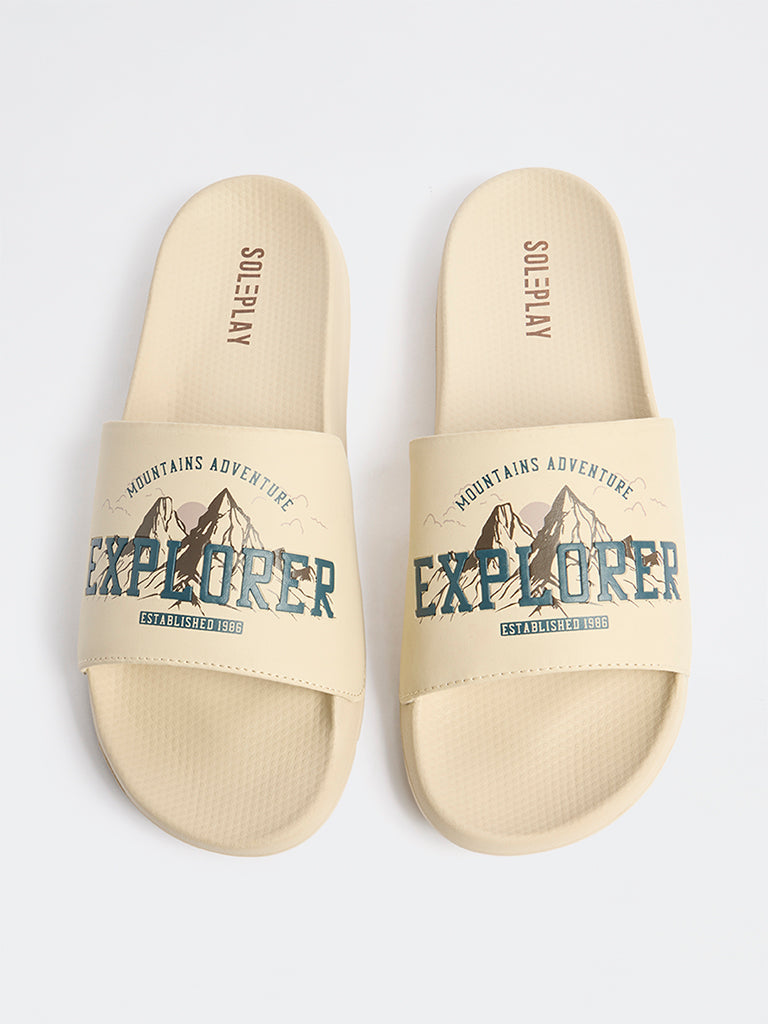 SOLEPLAY Beige Graphic Printed Pool Slides
