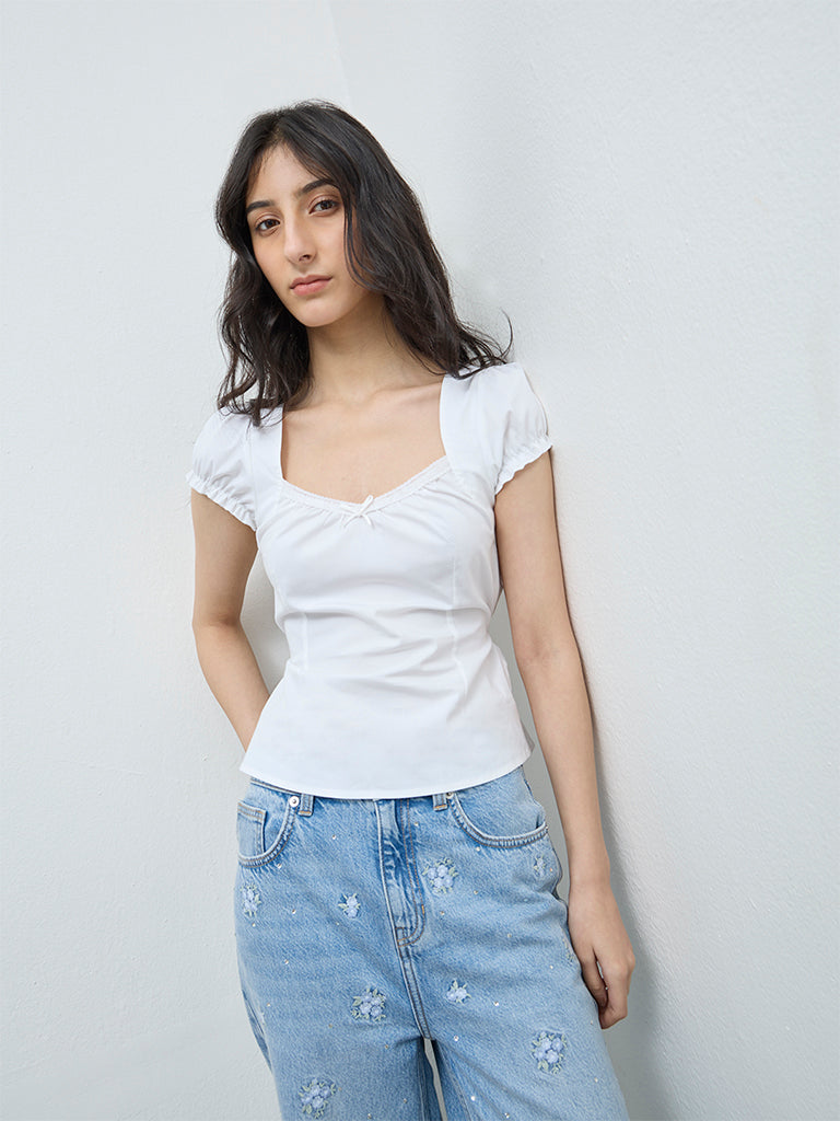 Nuon White Solid Cotton Top