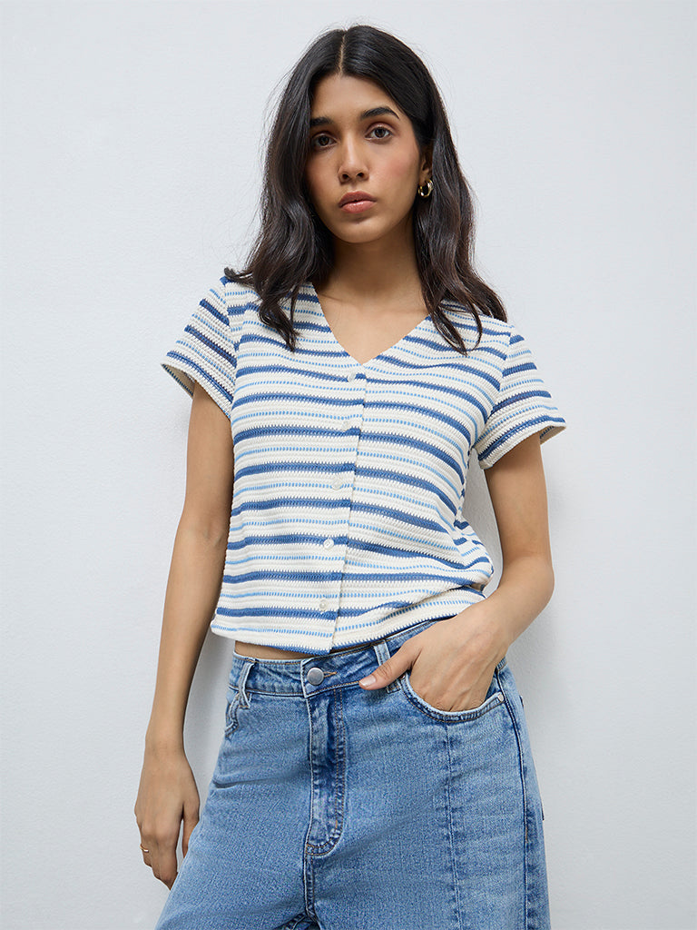 LOV Off-White Striped Knit-Textured Top