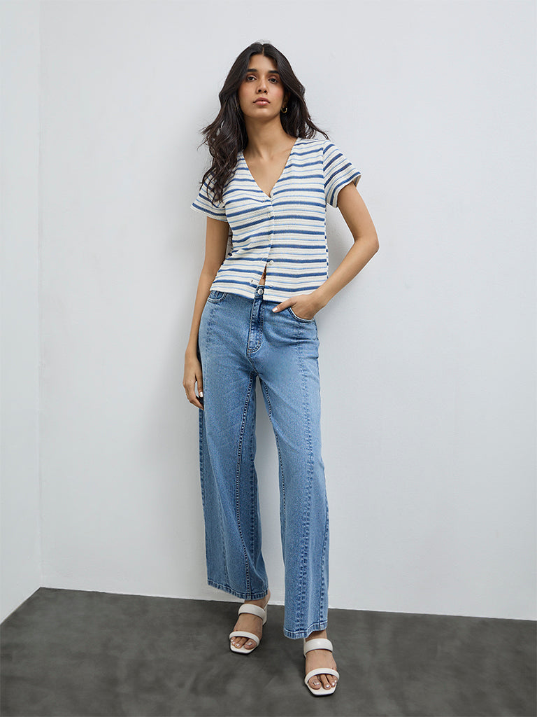 LOV Off-White Striped Knit-Textured Top