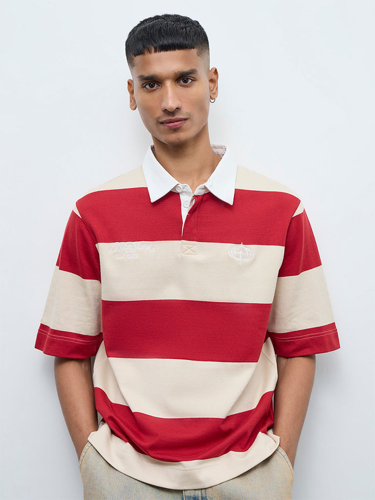 Nuon Red Striped Relaxed-Fit Cotton Polo T-Shirt