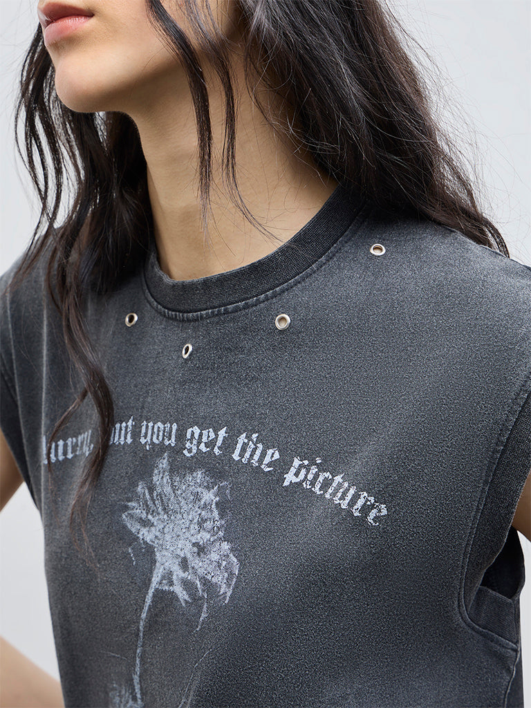 Nuon Grey Printed Denim-Inspired T-Shirt