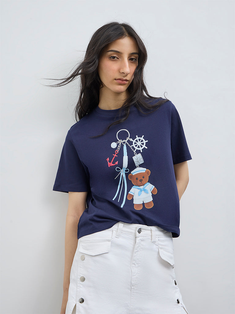 Nuon Navy Printed Cotton T-Shirt
