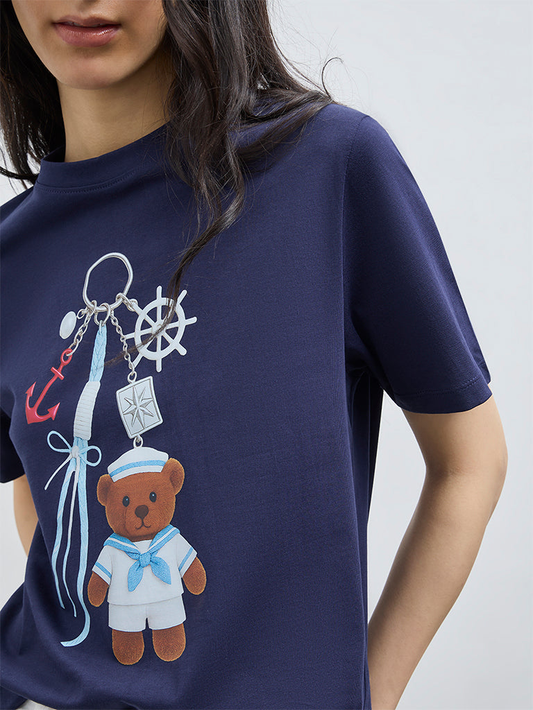 Nuon Navy Printed Cotton T-Shirt