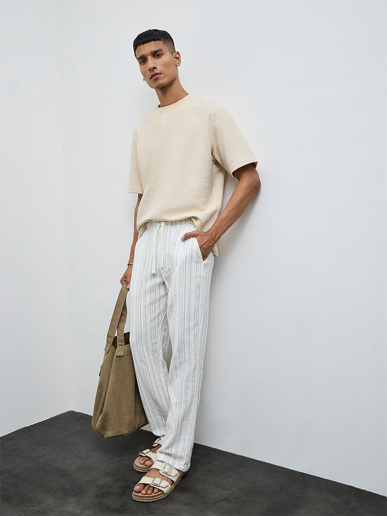 ETA White Striped Relaxed-Fit Mid-Rise Cotton Chinos
