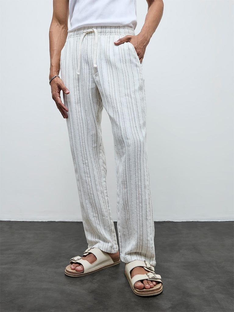 ETA White Striped Relaxed-Fit Mid-Rise Cotton Chinos