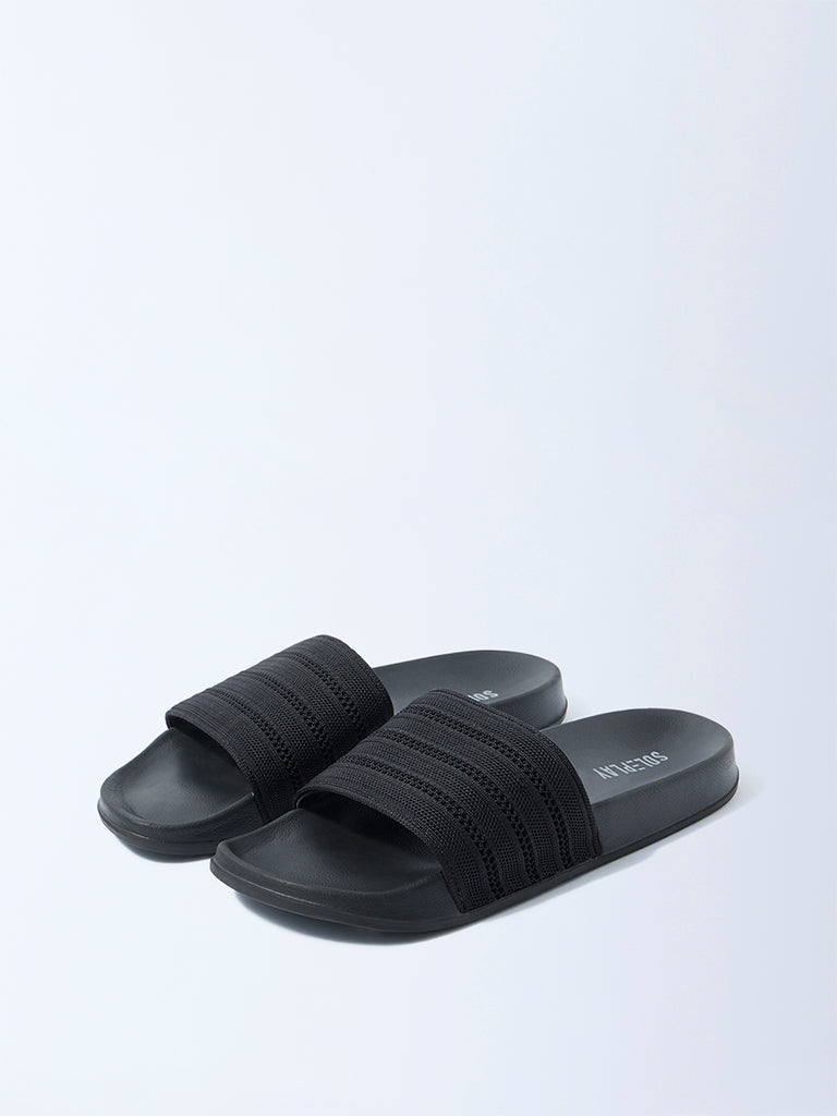 SOLEPLAY Black Knit-Textured Pool Slides