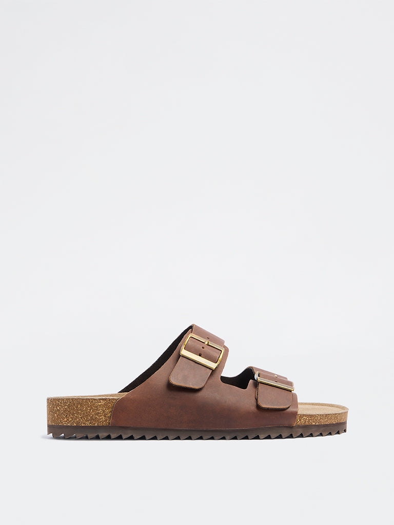 SOLEPLAY Brown Dual-Strap Slip-On Suede Leather Sandals
