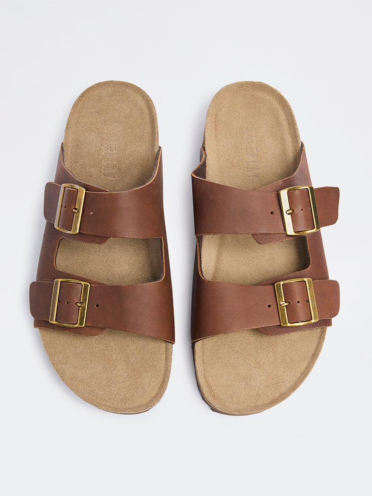 SOLEPLAY Brown Dual-Strap Slip-On Suede Leather Sandals