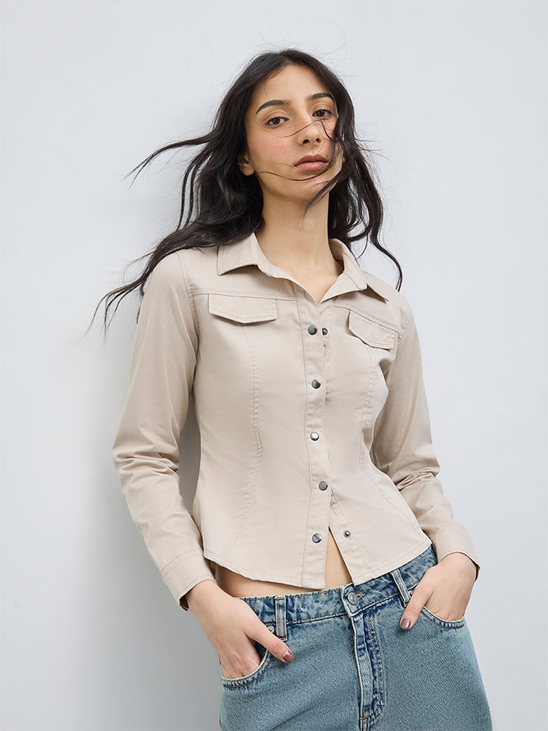 Nuon Light Beige Solid Cotton-Blend Shirt