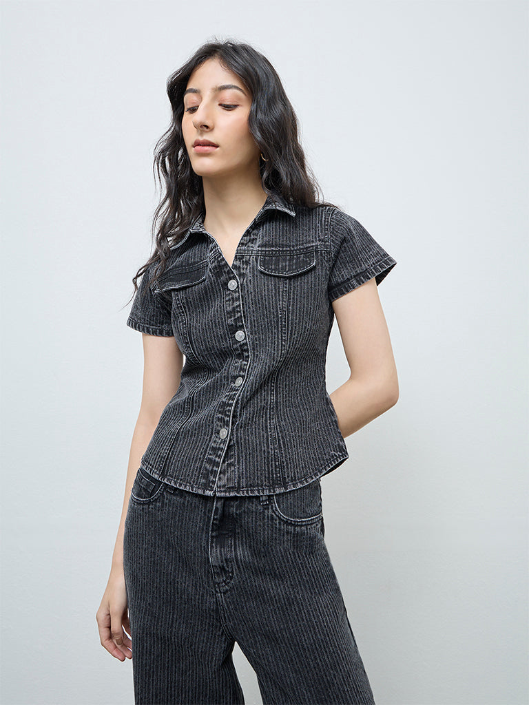 Nuon Black Self-Striped Denim Shirt