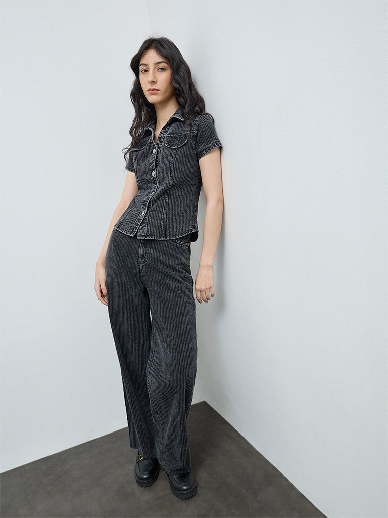 Nuon Black Self-Striped Denim Shirt