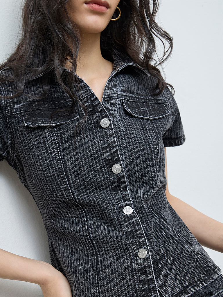 Nuon Black Self-Striped Denim Shirt