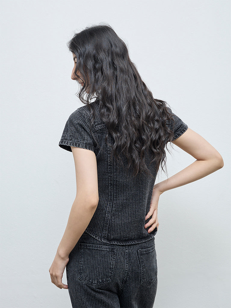 Nuon Black Self-Striped Denim Shirt