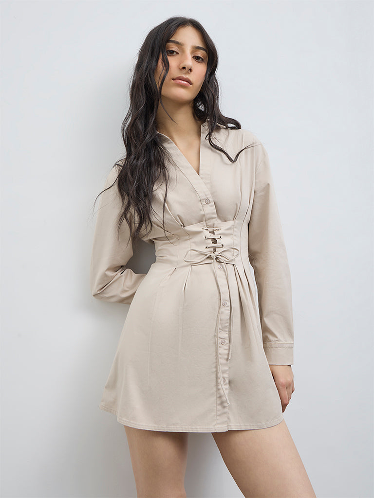 Nuon Light Beige Criss-Cross Detailed Cotton-Blend Shirt Dress