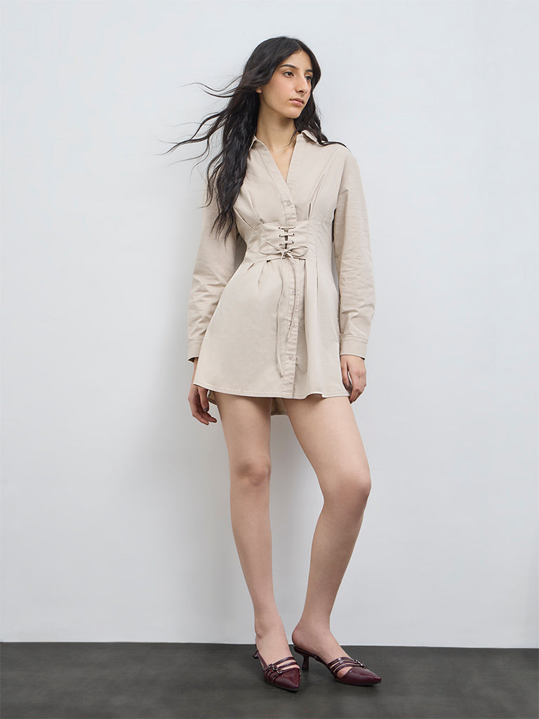 Nuon Light Beige Criss-Cross Detailed Cotton-Blend Shirt Dress