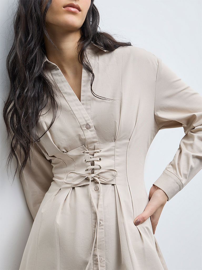 Nuon Light Beige Criss-Cross Detailed Cotton-Blend Shirt Dress