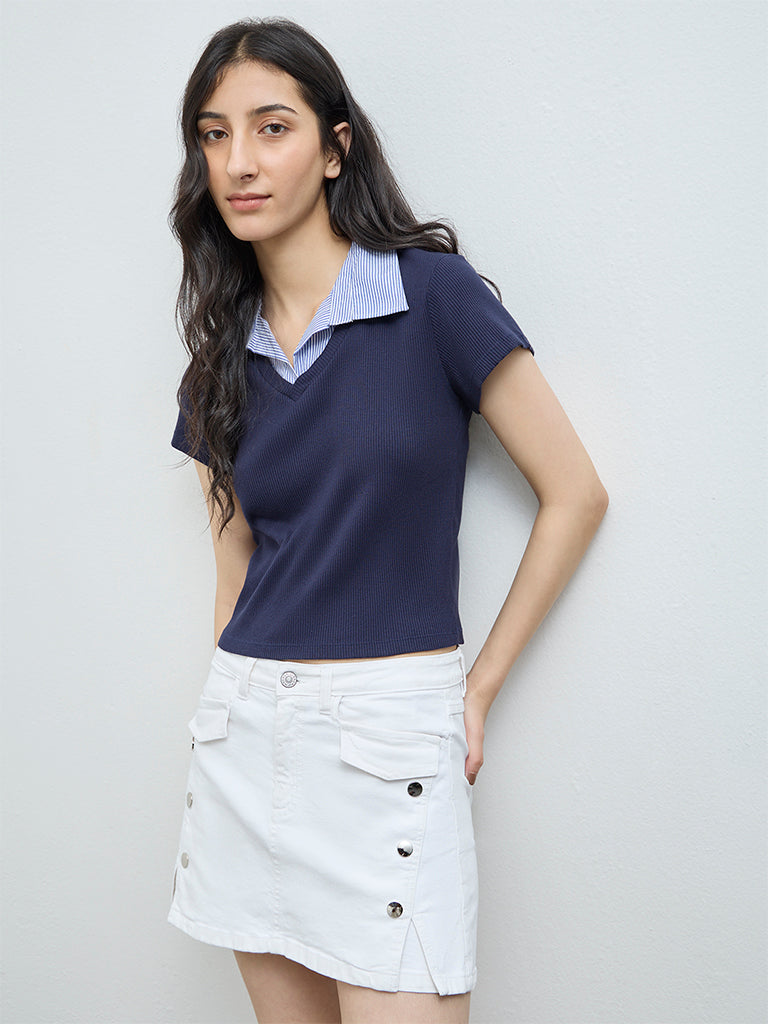 Nuon Navy Ribbed-Textured T-Shirt
