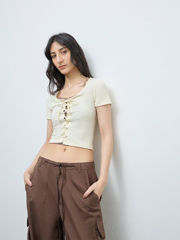 Nuon Cream Criss-Cross Detailed Cotton Top