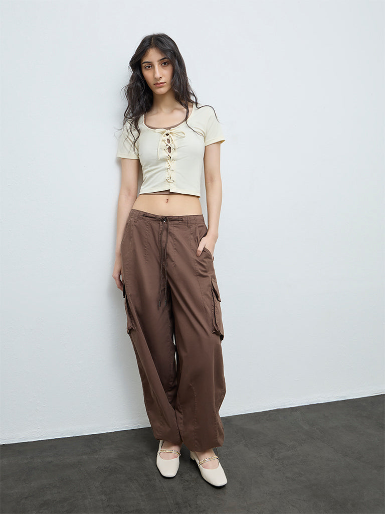 Nuon Cream Criss-Cross Detailed Cotton Top